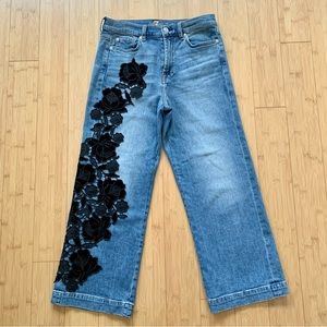 7 For All Mankind Alexa Floral Appliqué High Rise Wide Leg Cropped Jeans, Sz 27